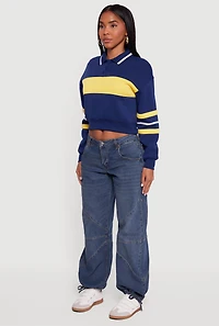 Cropped Color Block Polo Collar Sweatshirt