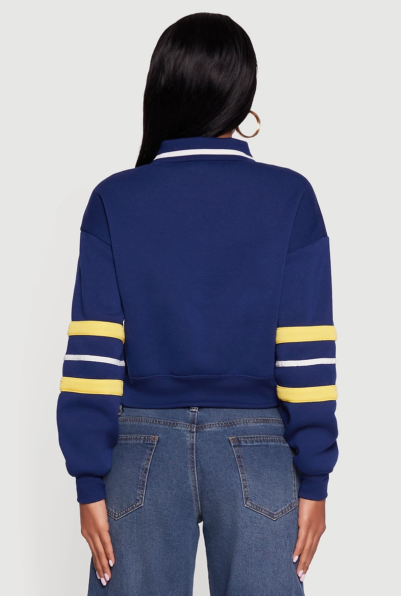 Cropped Color Block Polo Collar Sweatshirt