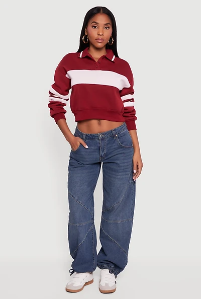 Womens Cropped Color Block Polo Collar Sweatshirt,