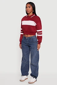 Cropped Color Block Polo Collar Sweatshirt