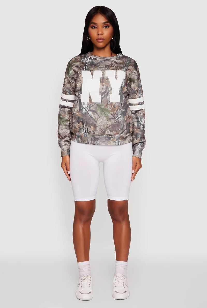 Womens Hunter Camo NY Graphic Varsity Stripe Sweatshirt, Multi, Size XL