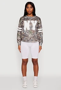 Womens Hunter Camo NY Graphic Varsity Stripe Sweatshirt, Multi, Size XL
