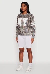 Womens Hunter Camo NY Graphic Varsity Stripe Sweatshirt, Multi, Size M