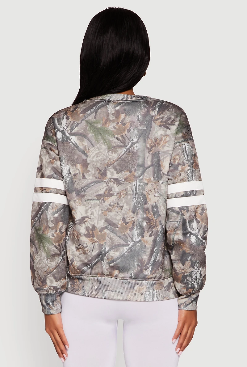Womens Hunter Camo NY Graphic Varsity Stripe Sweatshirt, Multi, Size XL