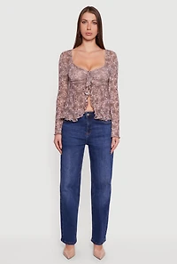 Womens Paisley Mesh Bell Sleeve Blouse, Brown, Size M