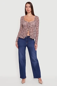 Womens Paisley Mesh Bell Sleeve Blouse, Brown, Size M