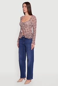 Womens Paisley Mesh Bell Sleeve Blouse, Brown, Size M