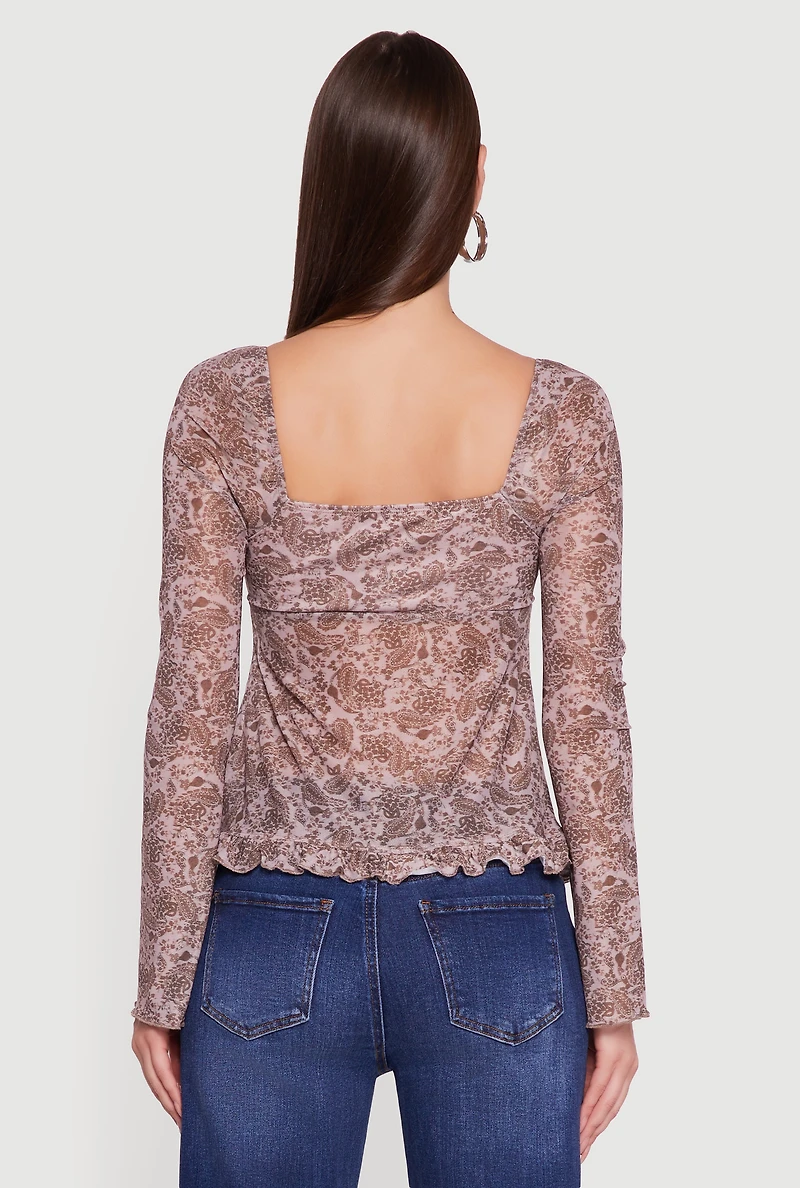 Womens Paisley Mesh Bell Sleeve Blouse, Brown, Size M