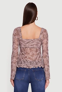 Womens Paisley Mesh Bell Sleeve Blouse, Brown, Size M