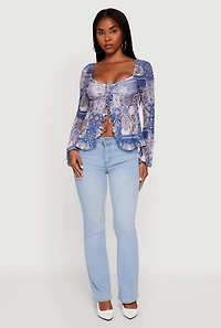 Womens Paisley Mesh Bell Sleeve Blouse, Blue,
