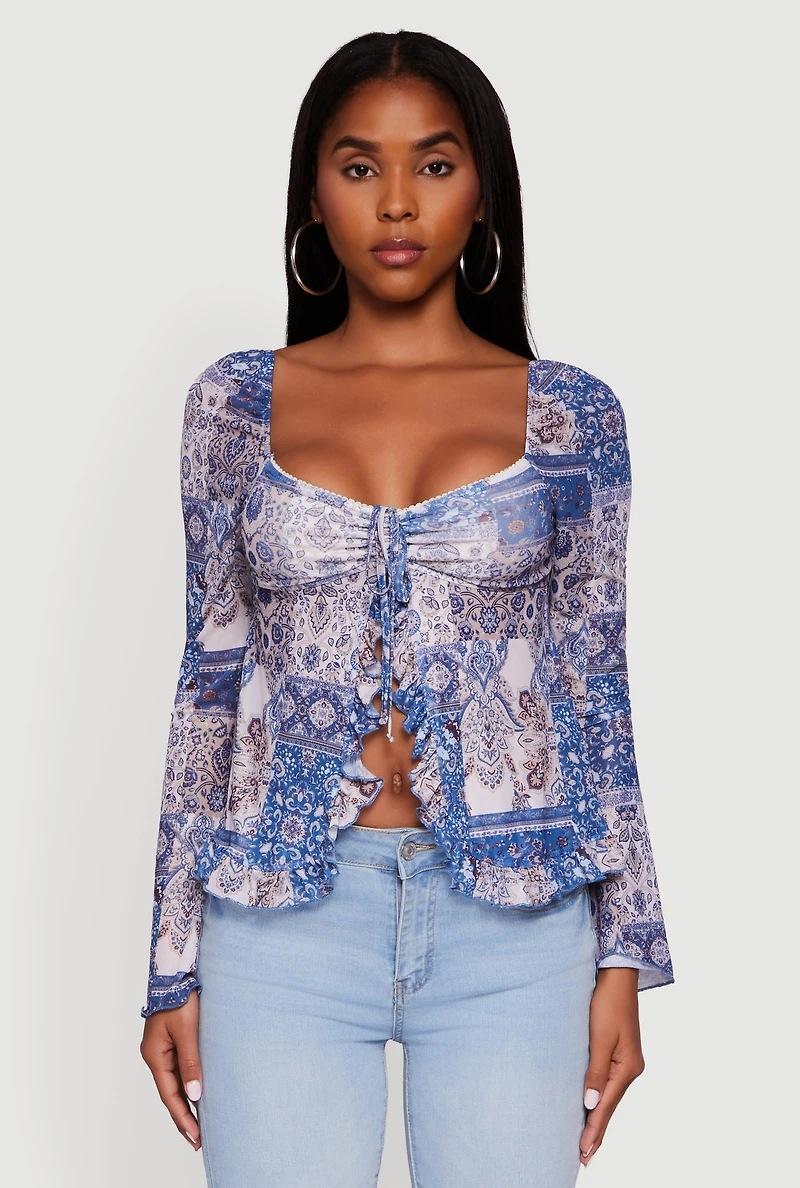 Womens Paisley Mesh Bell Sleeve Blouse, Blue,