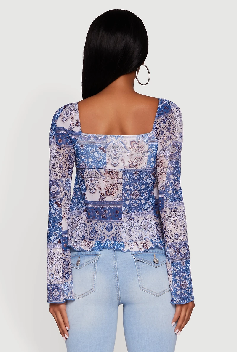 Womens Paisley Mesh Bell Sleeve Blouse, Blue,