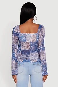 Womens Paisley Mesh Bell Sleeve Blouse, Blue,