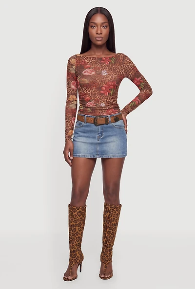 Patterned Ruched Mesh Long Sleeve Top