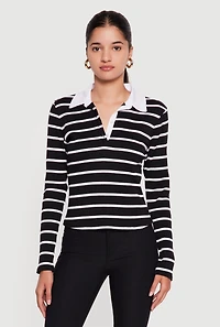 Almost Famous Ribbed Knit Striped Long Sleeve Polo Shirt