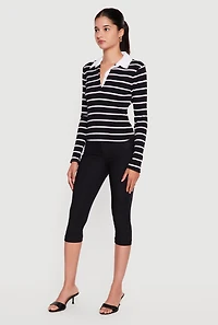 Almost Famous Ribbed Knit Striped Long Sleeve Polo Shirt