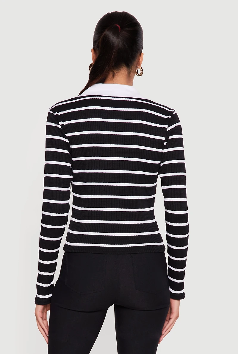 Almost Famous Ribbed Knit Striped Long Sleeve Polo Shirt