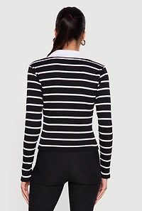Almost Famous Ribbed Knit Striped Long Sleeve Polo Shirt