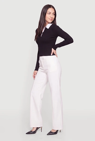 Contrast Trim Ribbed Knit Long Sleeve Polo Top