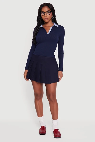 Womens Almost Famous Striped Polo Collar Ribbed Knit Sweater, Blue, Size L