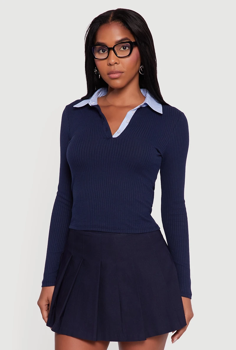 Womens Almost Famous Striped Polo Collar Ribbed Knit Sweater, Blue, Size XL