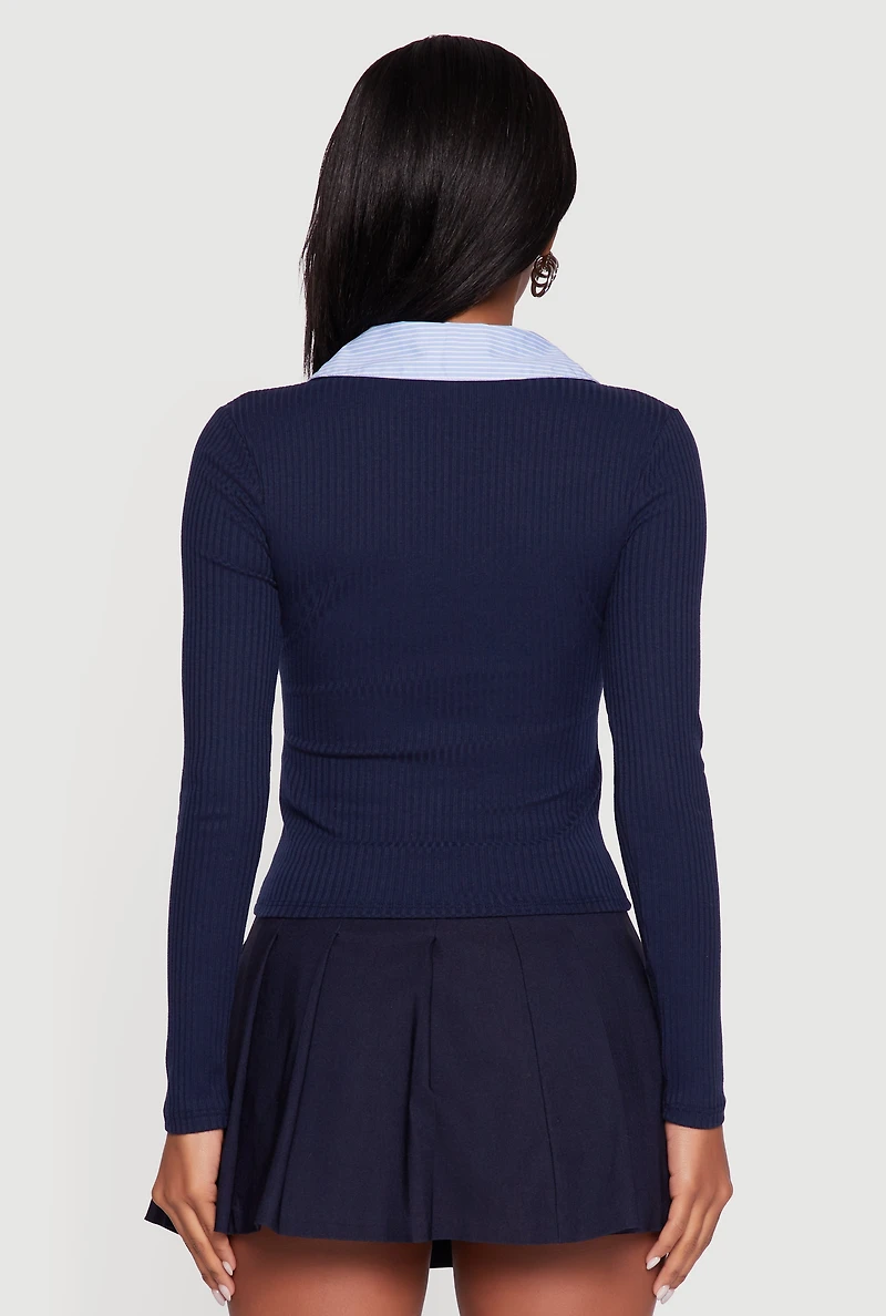 Womens Almost Famous Striped Polo Collar Ribbed Knit Sweater, Blue, Size XL