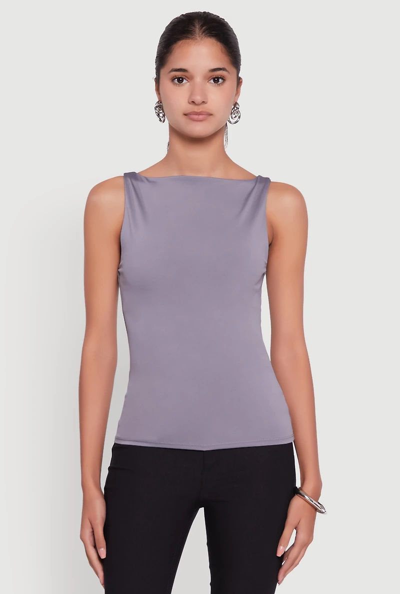 Womens High Neck Shelf Bra Tank Top, Grey, Size M
