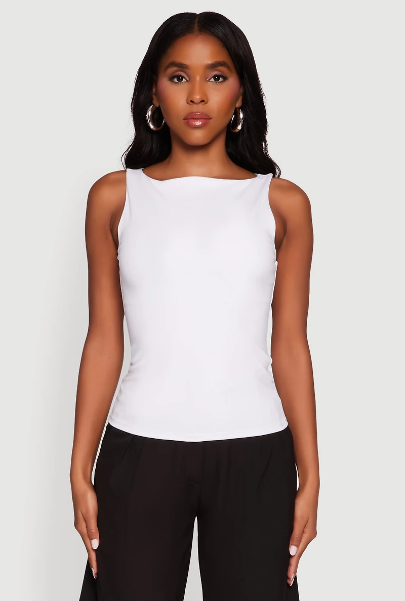 Womens High Neck Shelf Bra Tank Top, White,