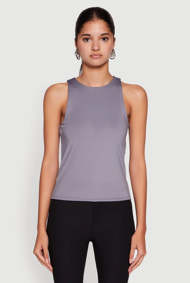 Womens High Neck Shelf Bra Racerback Tank Top, Grey, Size L