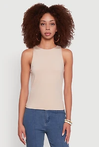 Womens High Neck Shelf Bra Racerback Tank Top, Beige, Size S