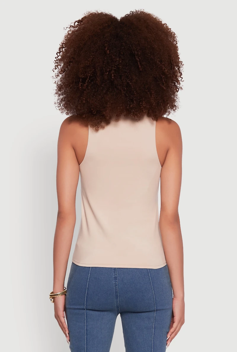 Womens High Neck Shelf Bra Racerback Tank Top, Beige, Size S