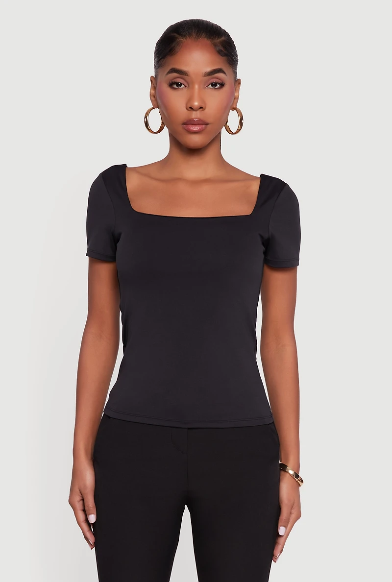 Womens Double Layer Square Neck Short Sleeve Top, Black, Size M