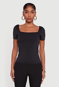 Womens Double Layer Square Neck Short Sleeve Top, Black, Size M