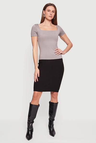 Womens Double Layer Square Neck Short Sleeve Top, Grey, Size M