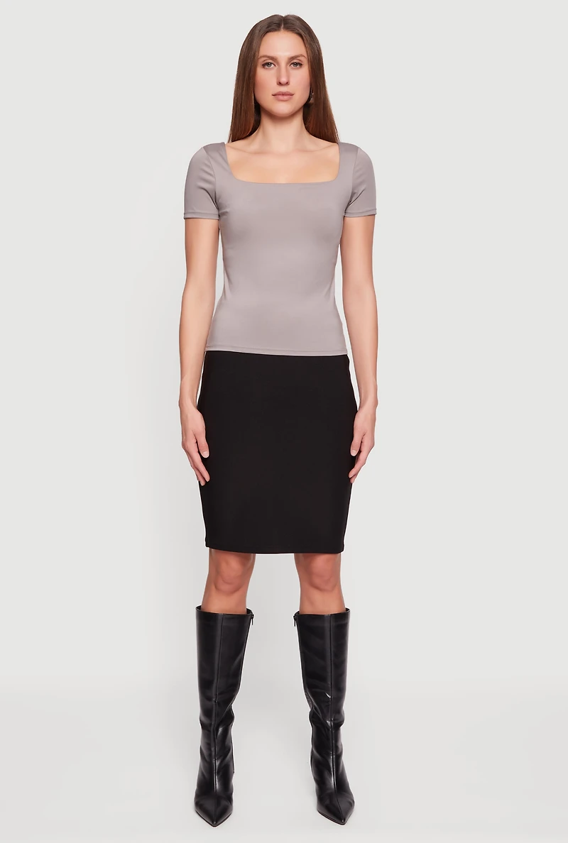 Womens Double Layer Square Neck Short Sleeve Top, Grey, Size M