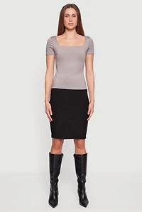 Womens Double Layer Square Neck Short Sleeve Top, Grey, Size M