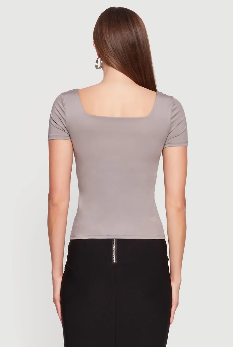 Womens Double Layer Square Neck Short Sleeve Top, Grey, Size M