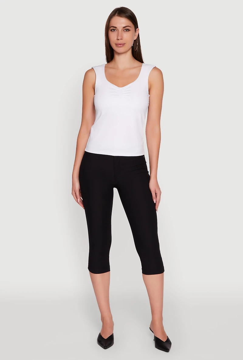 Womens Ruched V Neck Tank Top with Shelf Bra, White, Size M