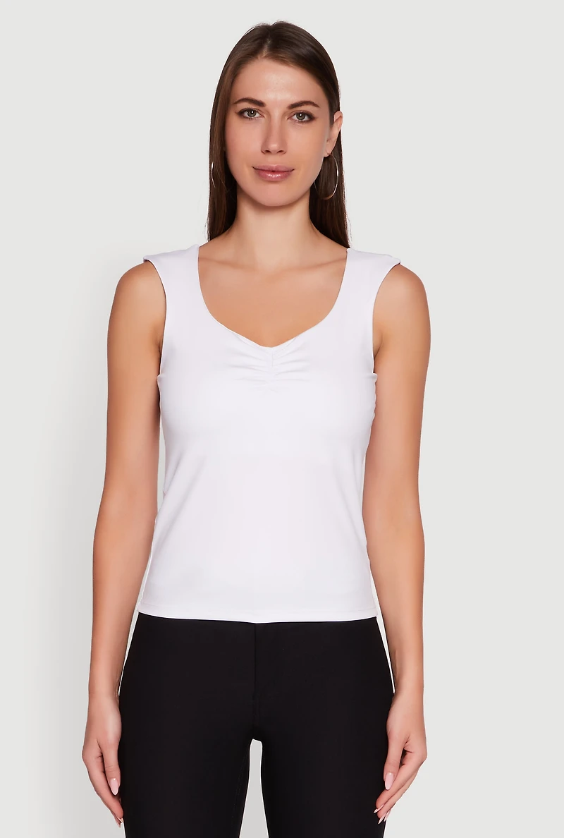 Womens Ruched V Neck Tank Top with Shelf Bra, White, Size M