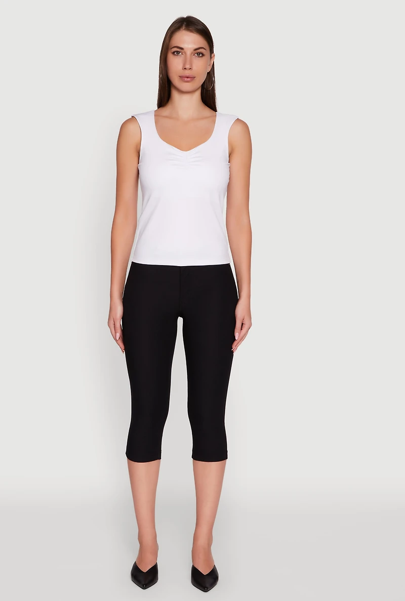Womens Ruched V Neck Tank Top with Shelf Bra, White, Size M
