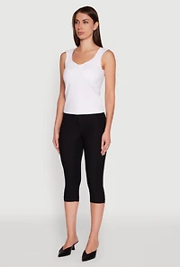 Womens Ruched V Neck Tank Top with Shelf Bra, White, Size M