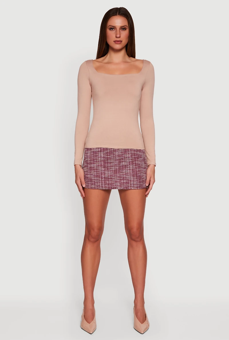 Womens Solid Long Sleeve Square Neck Tee, Beige, Size M