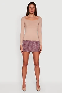 Womens Solid Long Sleeve Square Neck Tee, Beige, Size M