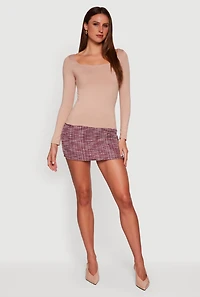 Womens Solid Long Sleeve Square Neck Tee, Beige, Size M