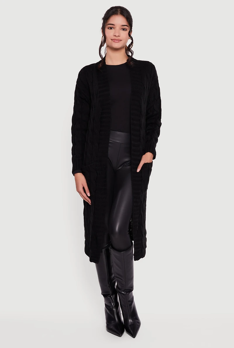 Womens Cable Knit Open Front Long Cardigan, Black, Size S