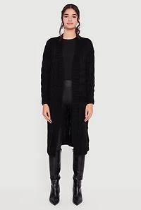 Womens Cable Knit Open Front Long Cardigan, Black, Size S
