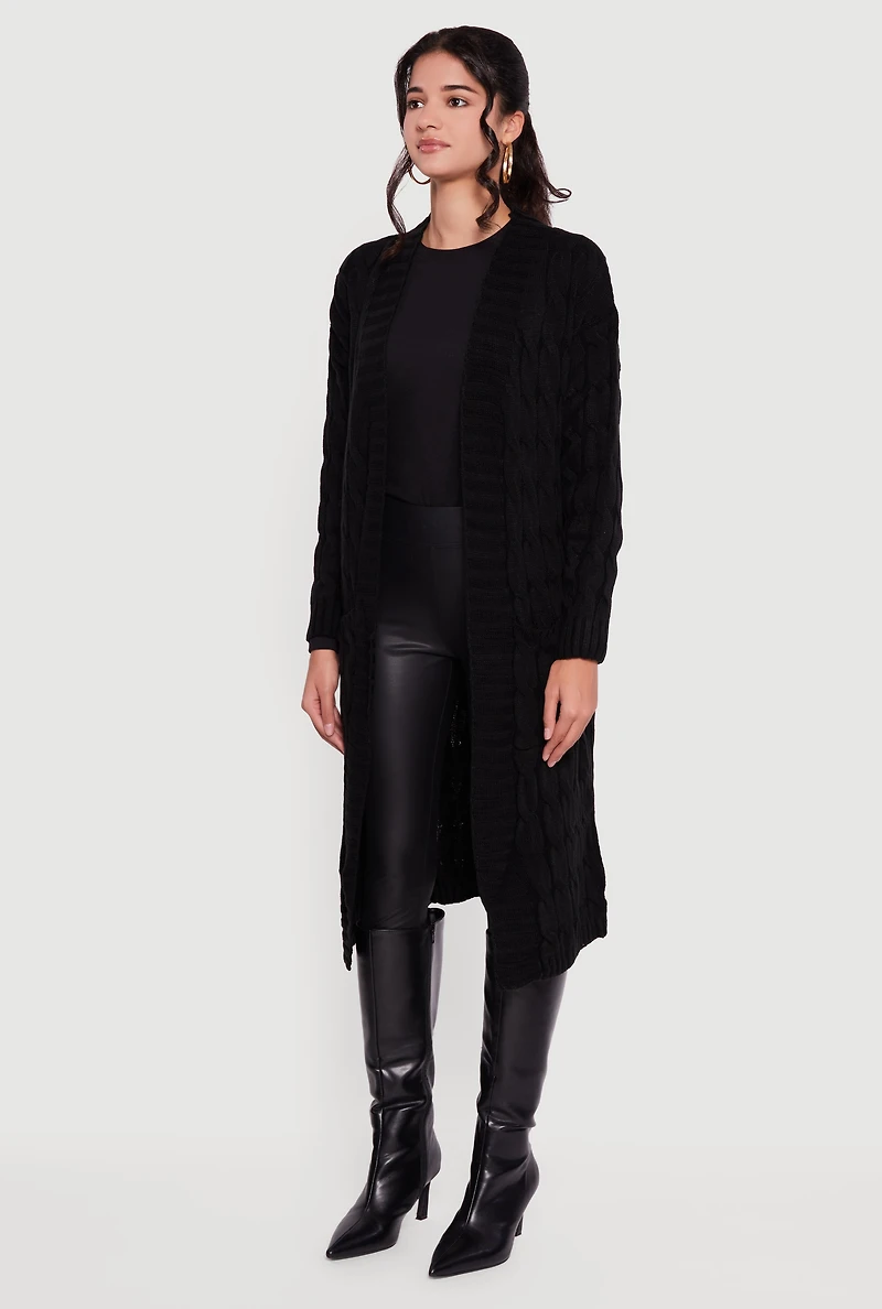 Womens Cable Knit Open Front Long Cardigan, Black, Size S