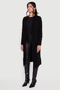 Womens Cable Knit Open Front Long Cardigan, Black, Size S