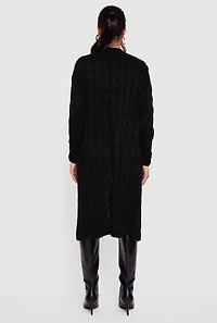 Womens Cable Knit Open Front Long Cardigan, Black, Size S