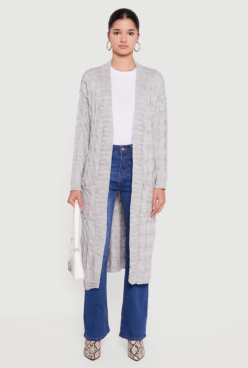 Cable Knit Open Front Long Cardigan
